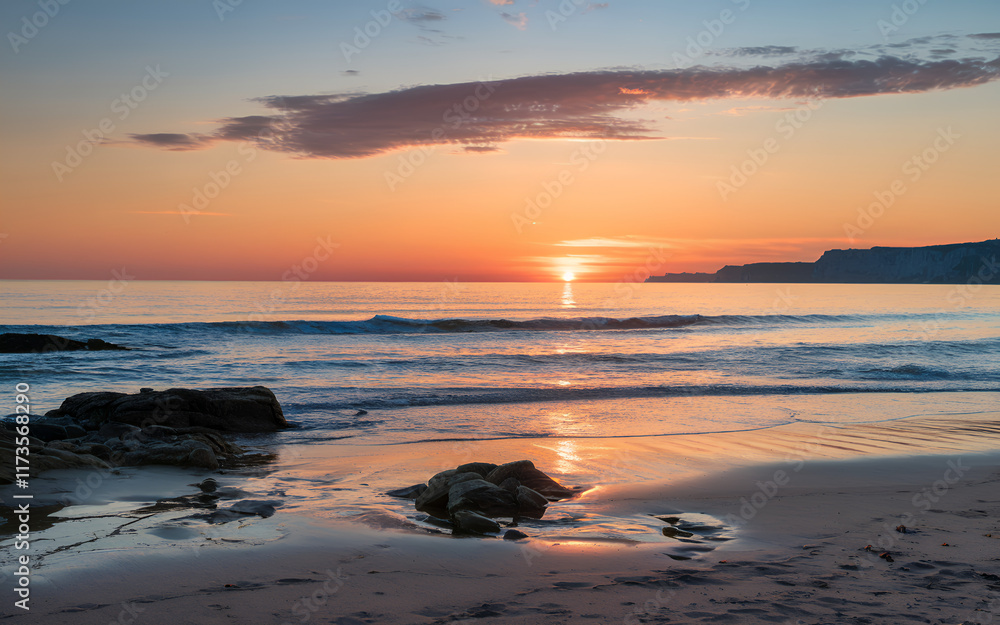Fototapeta premium Stunning Sunset on a Serene Beach with Vibrant Sky Colors