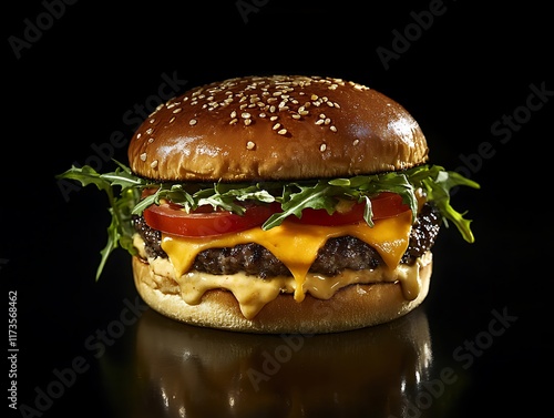 Close-Up of a Juicy Cheeseburger with Melted Cheese, Fresh Lettuce, Tomato, Pickles, and Sesame Seed Bun, Perfect for Food Advertising and Menus