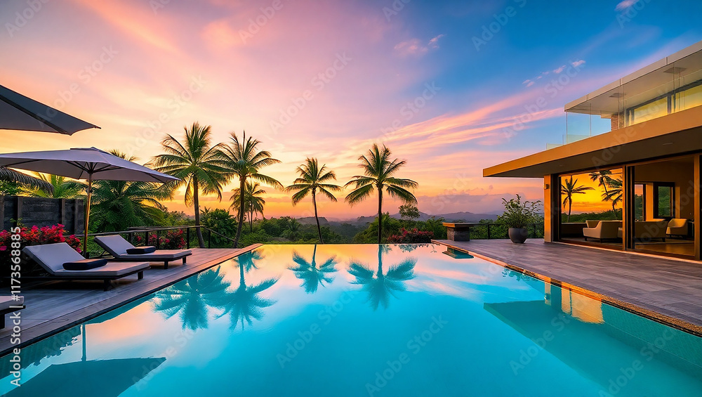 Fototapeta premium Breathtaking Coastal Retreat: Infinity Pool and Sunset Paradise