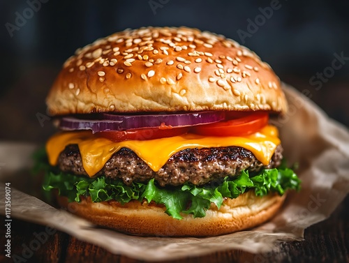 Close-Up of a Juicy Cheeseburger with Melted Cheese, Fresh Lettuce, Tomato, Pickles, and Sesame Seed Bun, Perfect for Food Advertising and Menus