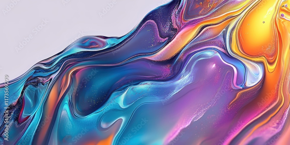 Obraz premium Abstract fluid art, vibrant swirling colors, iridescent waves, holographic texture, liquid rainbow, dynamic flow, psychedelic patterns, smooth gradients, ethereal motion, colorful energy, surreal back