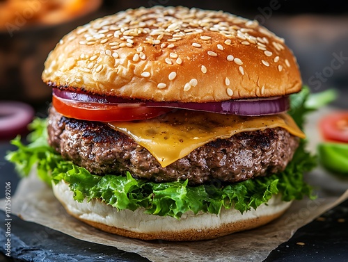 Close-Up of a Juicy Cheeseburger with Melted Cheese, Fresh Lettuce, Tomato, Pickles, and Sesame Seed Bun, Perfect for Food Advertising and Menus