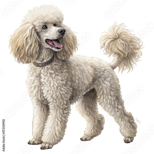 A full-body illustration of a Poodle with curly fur, set against a white background, showcasing its elegant and refined appearance.