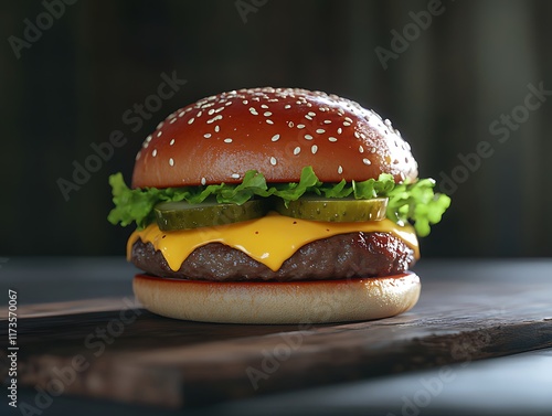 Close-Up of a Juicy Cheeseburger with Melted Cheese, Fresh Lettuce, Tomato, Pickles, and Sesame Seed Bun, Perfect for Food Advertising and Menus