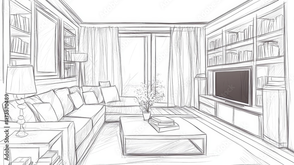 Fototapeta premium Hand-drawn sketch of a modern living room featuring a sofa, coffee table, and bookshelves, showcasing contemporary interior design.
