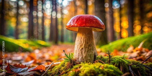 Striking Red-Capped Boletus Edulis Mushroom in Forest Setting - Nature Photography photo