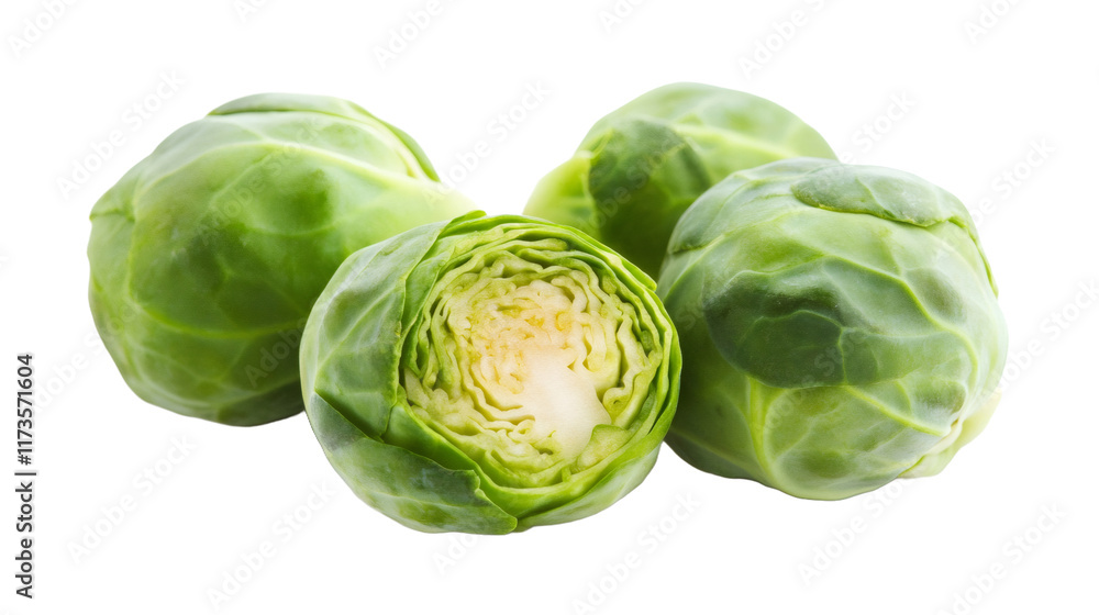 Fresh brussels sprouts showing cross section on transparent background Fresh brussels sprouts showing cross section on transparent background