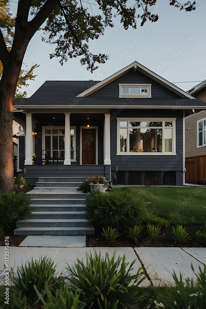 Fototapeta premium Dark Gray Craftsman House with Front Porch and Landscaping