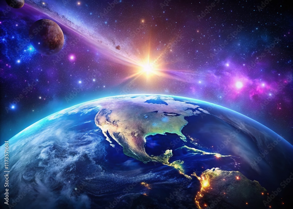 Obraz premium Stunning Bokeh Space Earth: Celestial Sphere with Glowing Stars and Nebulae