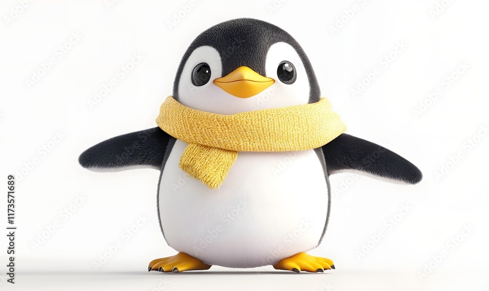 Fototapeta premium Cute penguin wears yellow scarf isolated on white.