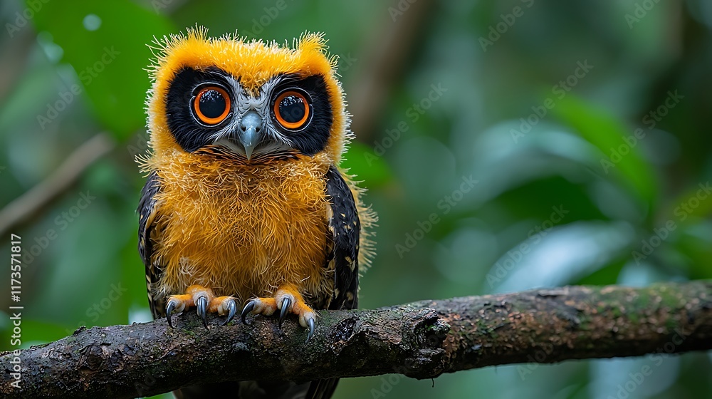 Adorable fluffy yellow owl perched on a branch, staring directly at the camera. Adorable fluffy yellow owl perched on a branch, staring directly at the camera.