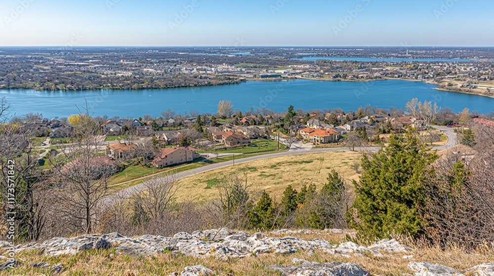 Lakefront Community Vista: Panoramic View of Homes and Water Lakefront Community Vista: Panoramic View of Homes and Water