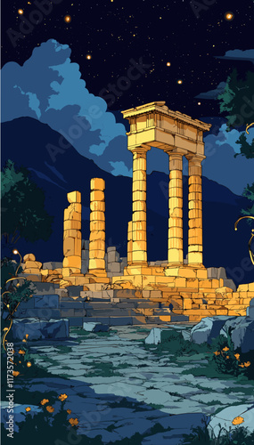 Ancient Greek Ruins at Night with Starry Sky and Clouds - Majestic Historical Architecture in Moonlit Landscape - Explore Timeless Beauty and Serenity
