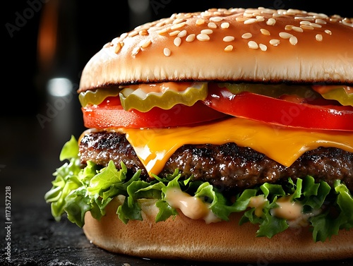 Close-Up of a Juicy Cheeseburger with Melted Cheese, Fresh Lettuce, Tomato, Pickles, and Sesame Seed Bun, Perfect for Food Advertising and Menus