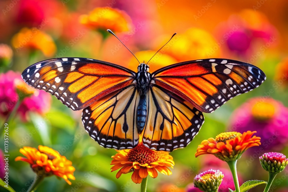 Fototapeta premium Stunning Monarch Butterfly on Vibrant Flower, Copy Space Left