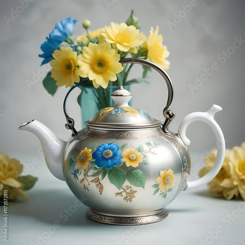 Floral Teapot With Ornate Handle 