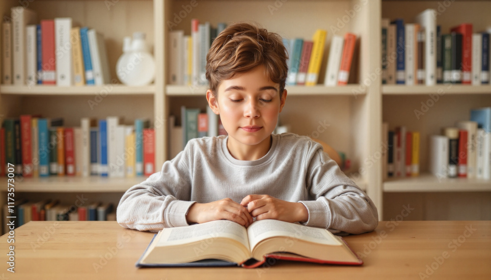 Boy reading a book with focused expression in a library Boy reading a book with focused expression in a library