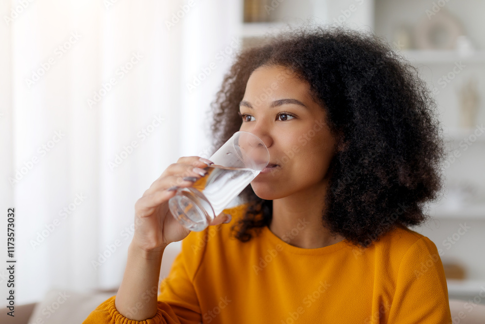 Young African American Female Drinking Clean Mineral Water From Glass At Home, Healthy Beverage, Thirsty Black Woman Taking Care About Body Hydration, Closeup Shot, Side View With Free Space. High Young African American Female Drinking Clean Mineral Water From Glass At Home, Healthy Beverage, Thirsty Black Woman Taking Care About Body Hydration, Closeup Shot, Side View With Free Space. High