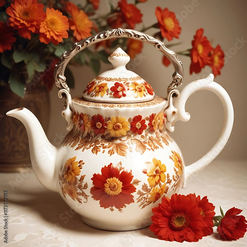 Antique Floral Teapot With Ornate Handle 