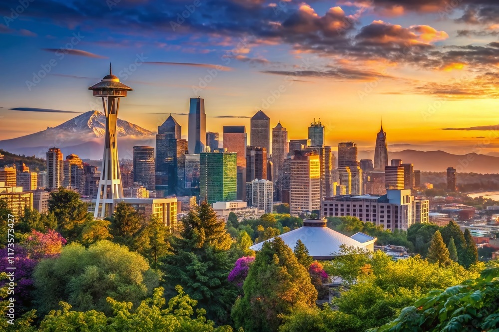 Obraz premium Stunning Seattle Panorama: Cityscape, Mountains, and Puget Sound