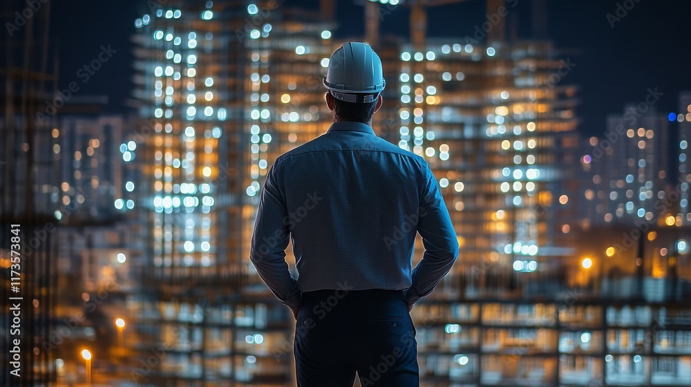 A construction worker in a hard hat observes a city skyline at night, illuminated by bright lights and ongoing building projects. A construction worker in a hard hat observes a city skyline at night, illuminated by bright lights and ongoing building projects.