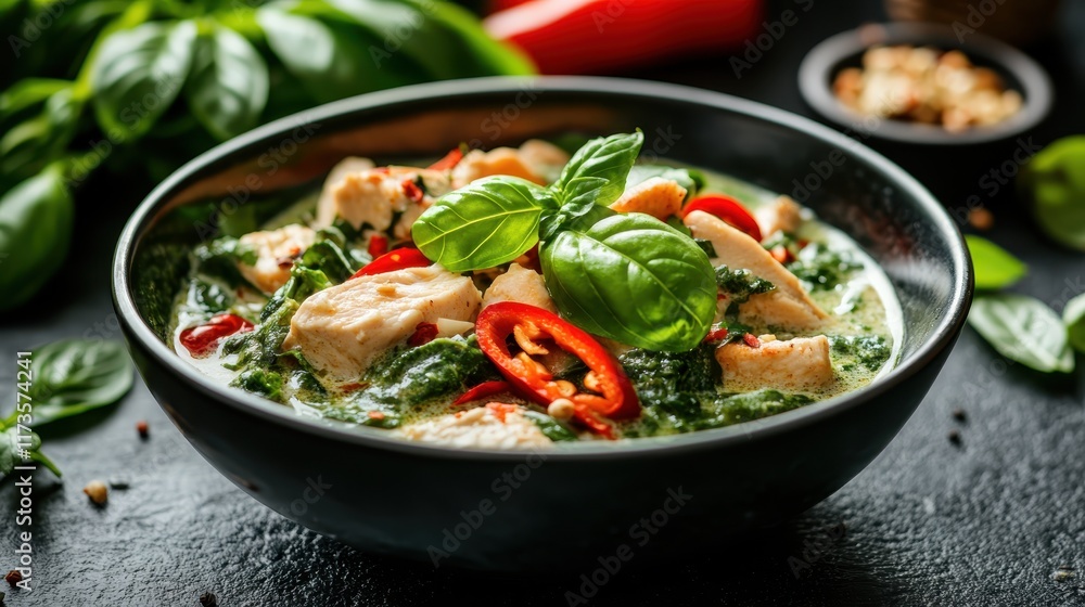 A bowl of green curry chicken accented with fresh basil leaves, red chili slices, and spinach, showcasing a vibrant and flavorful Asian-inspired dish served hot. A bowl of green curry chicken accented with fresh basil leaves, red chili slices, and spinach, showcasing a vibrant and flavorful Asian-inspired dish served hot.