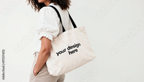 Eco-friendly tote bag modeled with neutral clothing and casual style photo