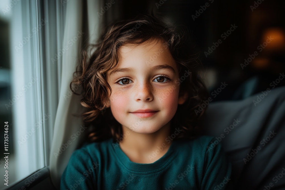 Young caucasian girl with curly hair smiling by the window. Young caucasian girl with curly hair smiling by the window.