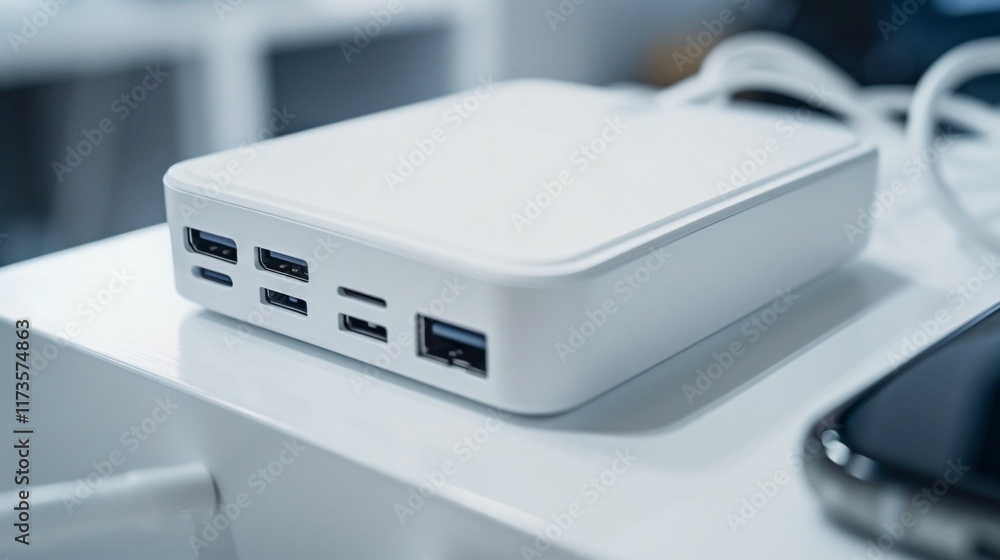 Sleek universal charger with multiple ports on a minimalist white surface, showcasing versatility and modern design for efficient device charging solutions. Sleek universal charger with multiple ports on a minimalist white surface, showcasing versatility and modern design for efficient device charging solutions.