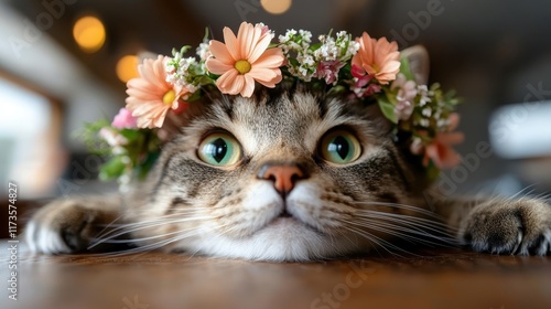 A cute tabby cat rests indoors wearing a vibrant pink floral crown, exuding charm with its curious wide green eyes. The ambient lighting adds a cozy warmth. photo