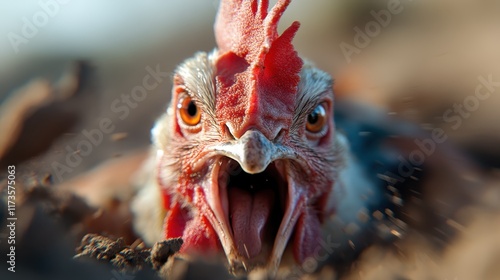 A dynamic shot captures a chicken mid-motion, its strong expression and movement highlighted by the surrounding dust, portraying energy and wild spirit. photo