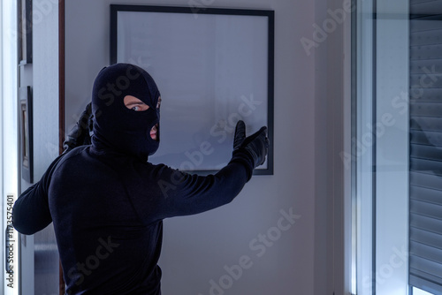 Фотография Burglar stealing a painting from an house wall