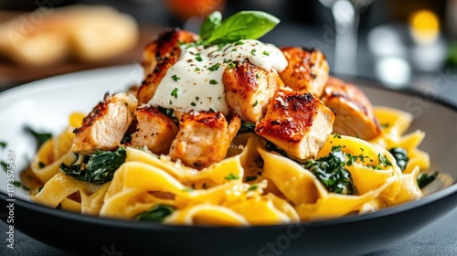 Delectable pieces of grilled chicken crown a pasta bed with creamy sauce, spinach, and garnishes, presenting a scrumptious and aesthetically pleasing dining delight. photo