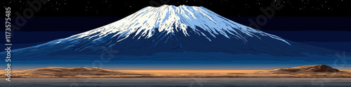 Majestic Mount Fuji at Night: Snow-Capped Summit with Starry Sky and Rolling Hills in Serene Landscape – Captivating Nature's Tranquility in High Definition