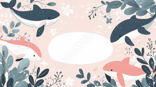 Cute whales and floral frame with blank space.