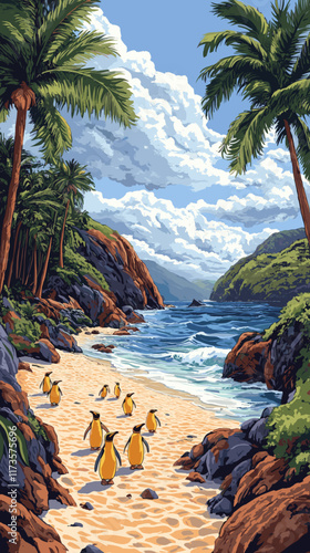 Enchanting Tropical Beach Scene with Penguins, Palm Trees, Rocky Landscape, Ocean Waves, and Blue Sky - Stunning Nature and Wildlife in an Idyllic Paradise