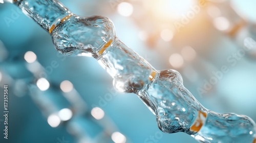 Intricate details of water crystal chains with glowing reflections and a sleek design, conveying tranquility and modernity in a soft light blue ambiance.