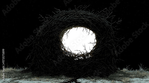 Mysterious Dark Nest Against Starry Night Sky Luminescent Center Surrounded by Dense Twigs and Grass Artistic Dark Nature Horror Conceptual Design