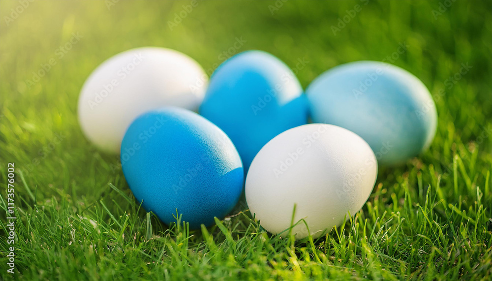 Blue and white colored eggs on green grass in garden. Happy Easter. Holiday celebration. Blue and white colored eggs on green grass in garden. Happy Easter. Holiday celebration.