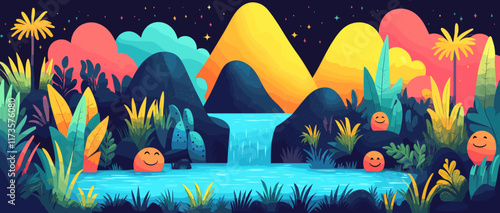 Vibrant Fantasy Landscape with Smiling Hills and Colorful Plants Surrounding Stream and Mountains at Night - Dreamy Nature Art with Whimsical Night Sky