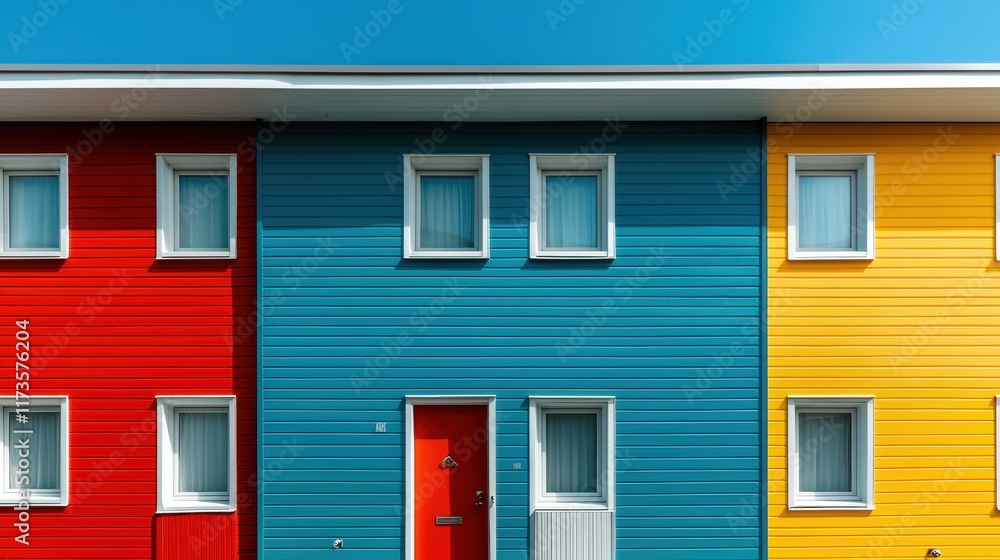 A vibrant image showcasing three colorful houses with vivid red, blue, and yellow facades under a clear blue sky, capturing urban diversity and charm on a sunny day. A vibrant image showcasing three colorful houses with vivid red, blue, and yellow facades under a clear blue sky, capturing urban diversity and charm on a sunny day.