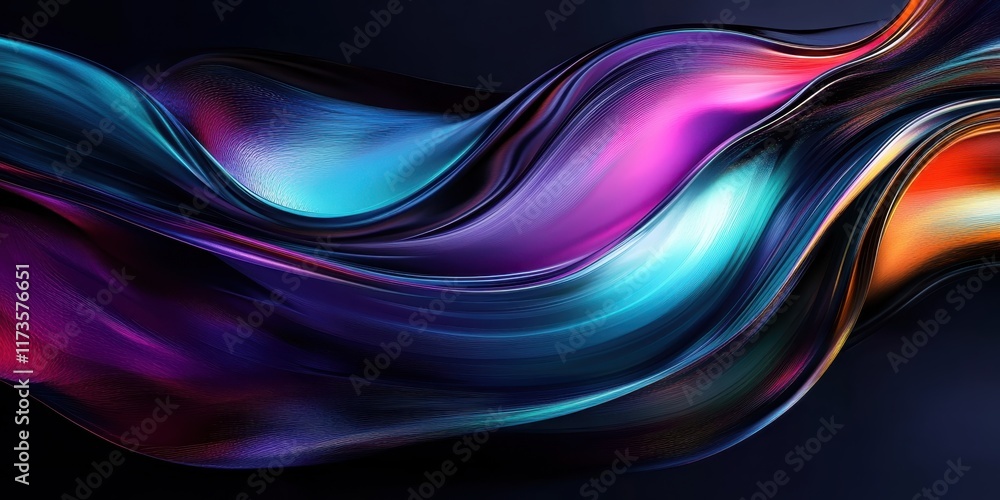 Abstract waves, flowing curves, vibrant colors, teal and purple, smooth gradients, dark background, glossy texture, dynamic composition, 3D rendering, digital art, futuristic design, sleek aesthetic, Abstract waves, flowing curves, vibrant colors, teal and purple, smooth gradients, dark background, glossy texture, dynamic composition, 3D rendering, digital art, futuristic design, sleek aesthetic,