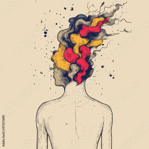 Abstract Artistic Illustration of Back View Human Silhouette with Vibrant Colorful Hair Swirls in Yellow Red and Black on Beige Background Symbolizing Creativity