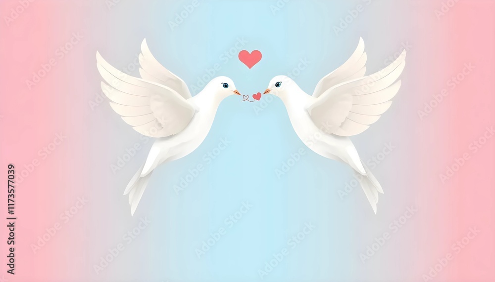 Fototapeta premium Two White Doves in Flight, Sharing a Heart, Perfect for Valentine's Day