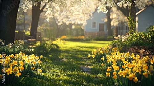 Sunlit yellow daffodils bming in a peaceful garde photo