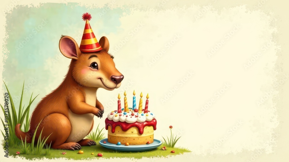 Obraz premium illustration of a happy capybara in a festive party hat sitting next to a cake, birthday card, celebration, invitation, children's party