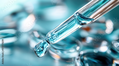 An extreme close-up showcasing a bright blue droplet delicately poised at the tip of a pipette, focusing on precision and clarity in a scientific context. photo