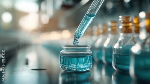 A glass container is being filled with bluish liquid using a pipette in a laboratory setting, highlighting the precision and care in scientific experiments. photo