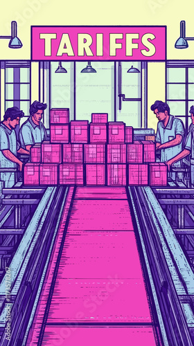 Illustrated Assembly Line Workers Stacking Boxes Under Tariffs Sign in Industrial Factory Setting with Conveyor Belts and Overhead Lighting