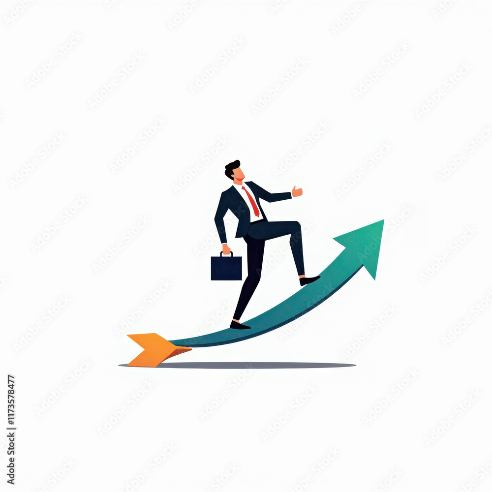 A Flat-Style of a businessperson standing on an upward arrow, symbolizing career growth and success, modern design A Flat-Style of a businessperson standing on an upward arrow, symbolizing career growth and success, modern design